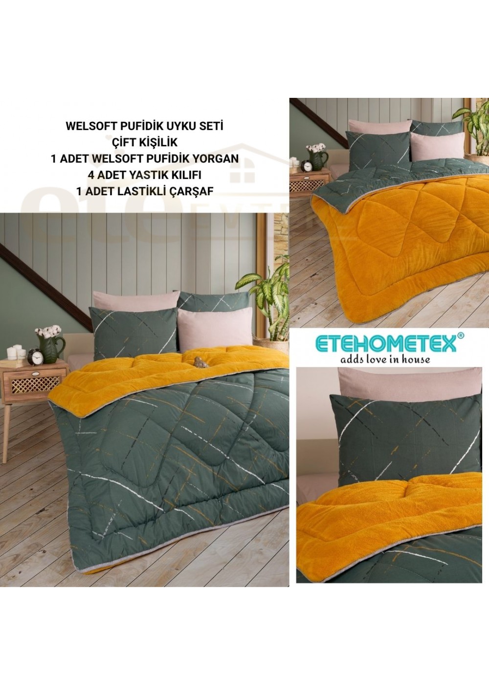 ETE HOMETEX ÇİFT KİŞİLİK WELSOFT UYKU SETİ YANSIMA HARDAL 8696474231992